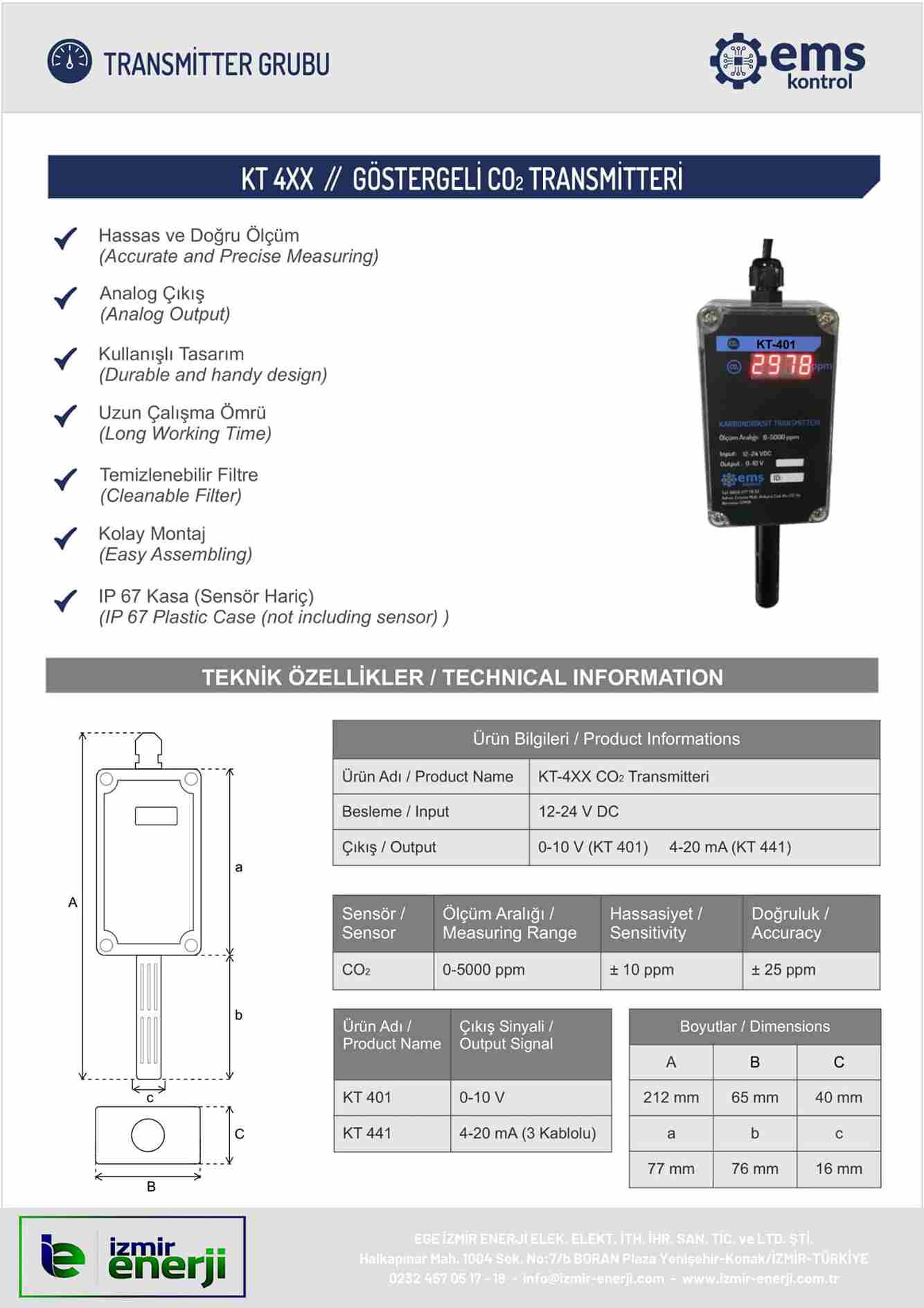 CO2 EKRANLI TRANSMİTTERİ 4-20mA , 0-5000 PPM , 12-24V DC