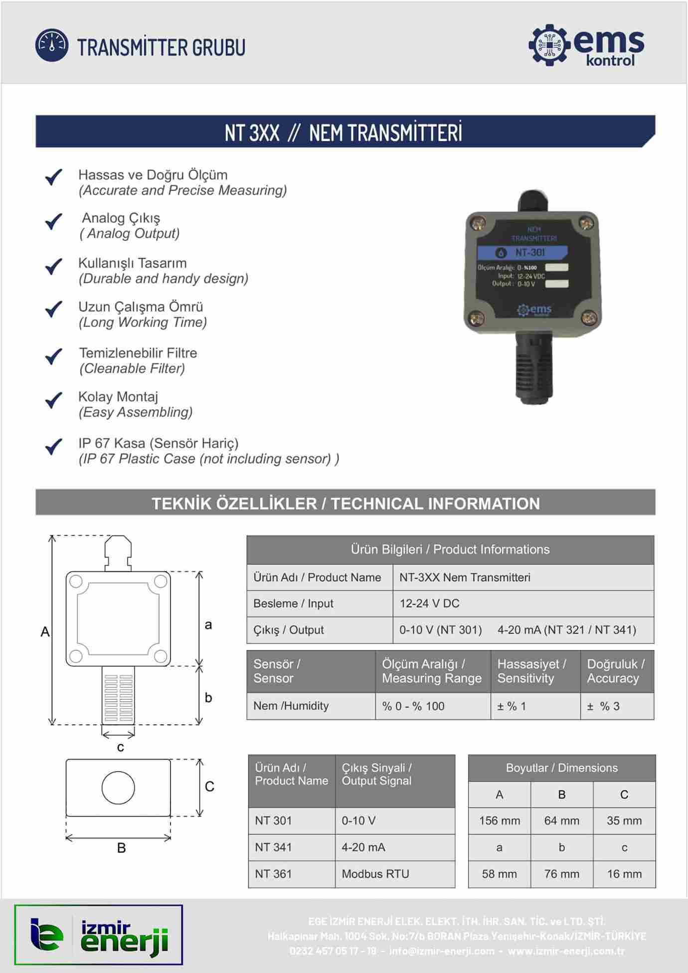 NEM TRANSMİTTERİ 0-10V , 0-100% ,12-24V DC